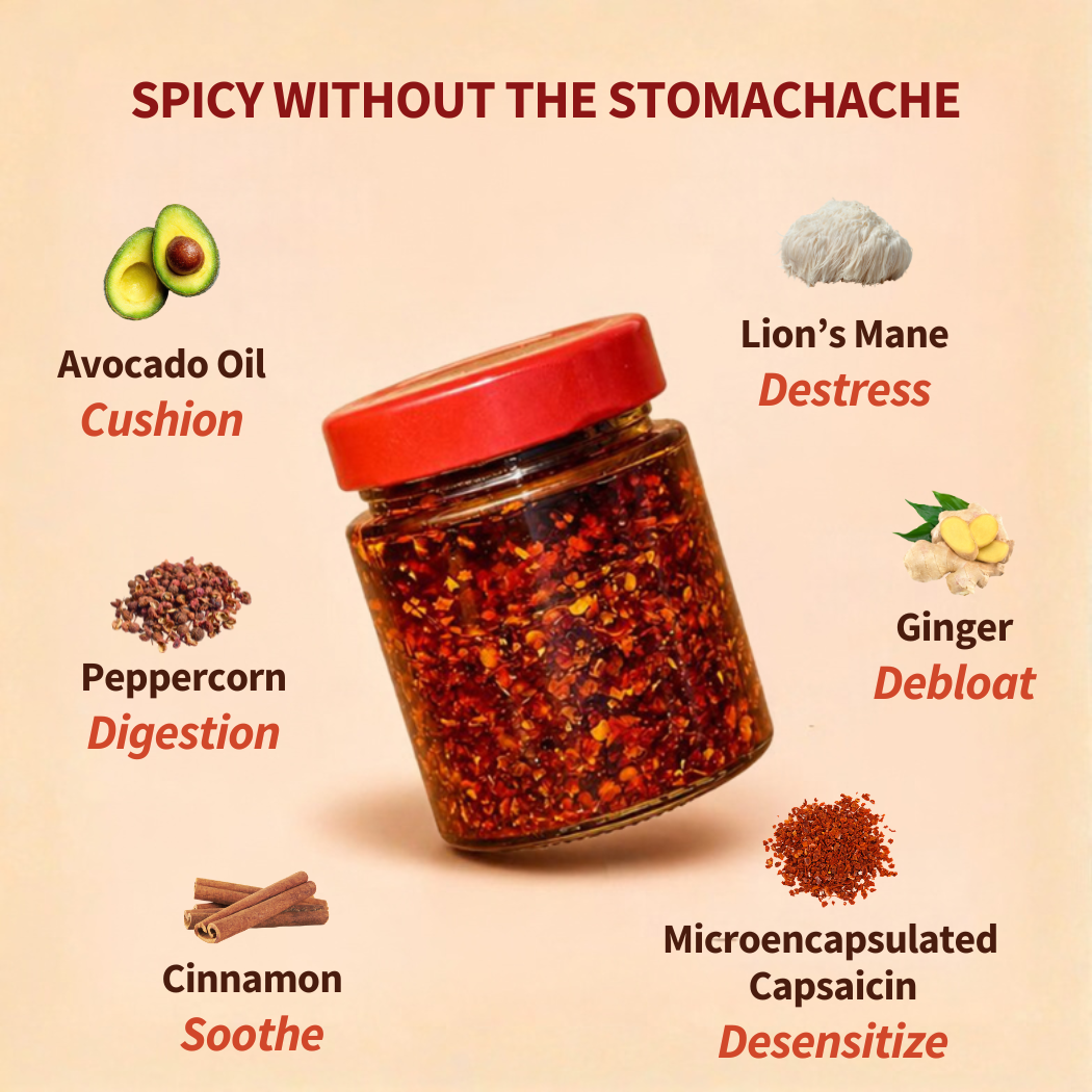 A professional studio product shot of a jar of Redbloom Best Chili Crisp, featuring a clean white background, clear label branding, and visible Sichuan chili flakes suspended in high-quality avocado oil.